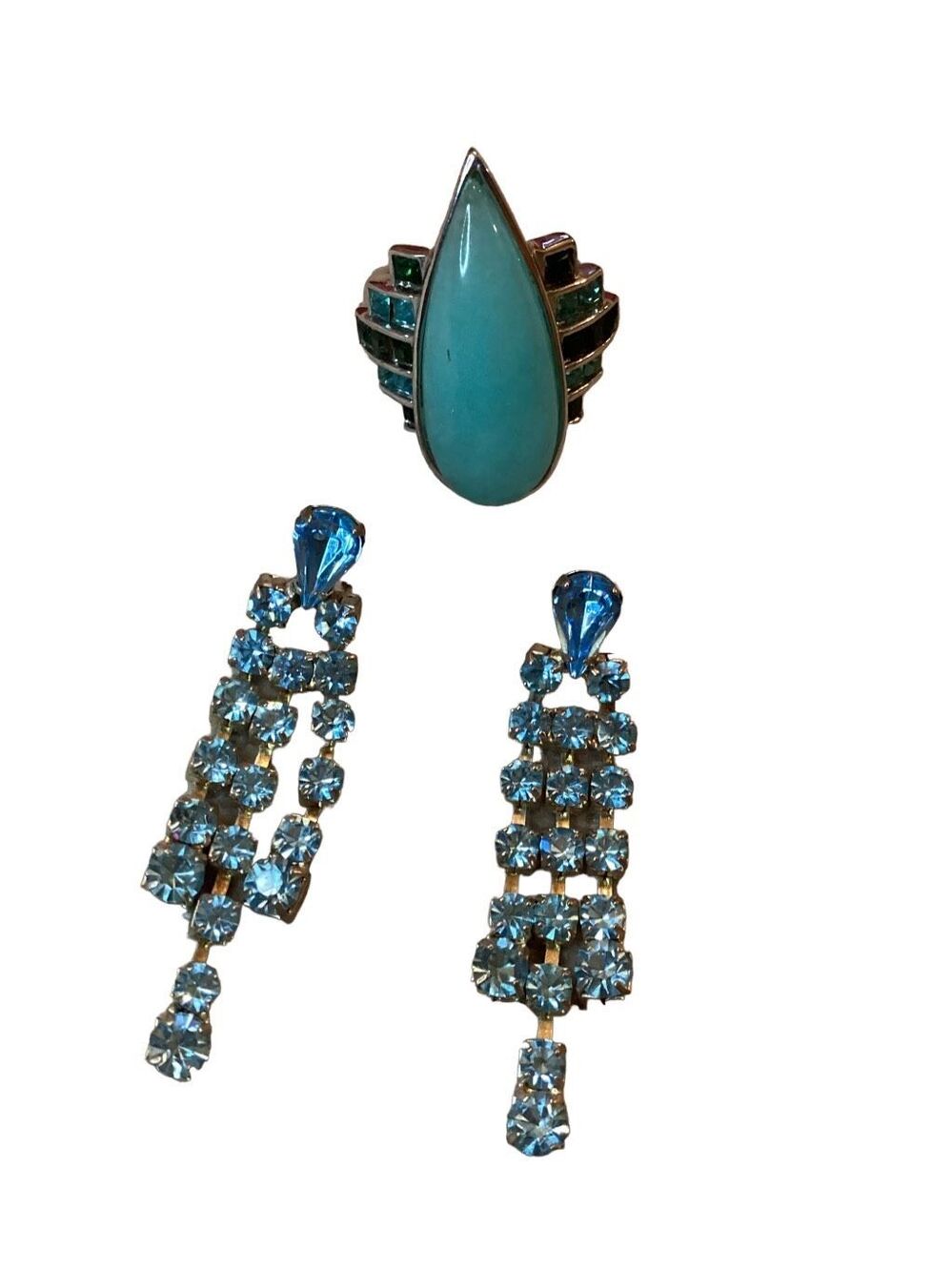 Blue Teardrop Stone Ring Blue Tone Rhinestone Earrings Boho Bohemian Aztec